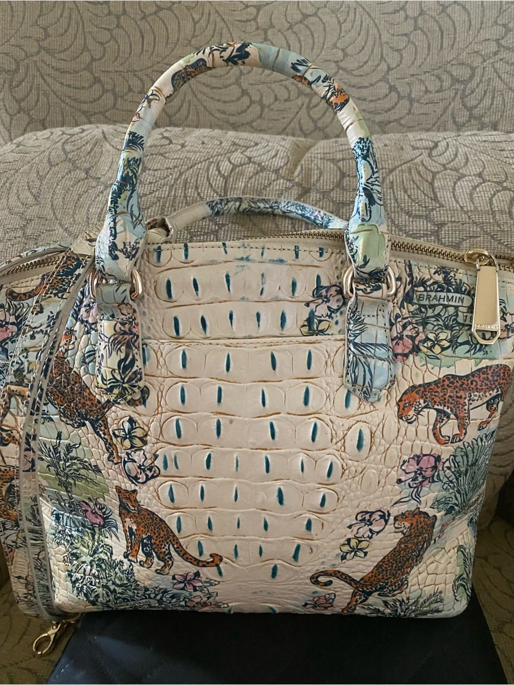 Brahmin Cream Croc-Embossed Satchel with Floral & Leopard Motif